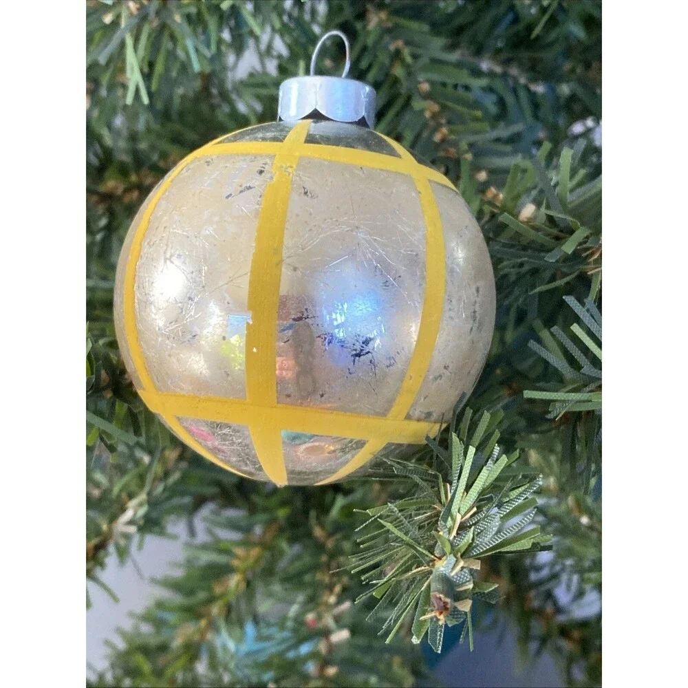 Vintage Glass Christmas Ornament Silver Ball Geometric Yellow Stripes Holiday